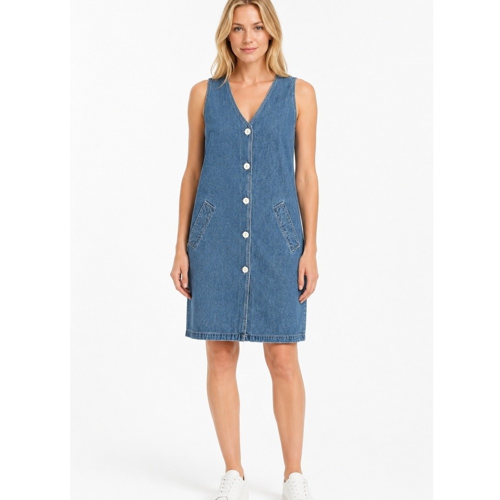 AMI Women Medium Denim Vest Dress Button Front Pockets Cottagecore 90s Vintage